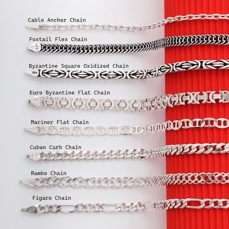 May include: A collection of eight silver chains labeled with their names: Cable Anchor Chain, Foxtail Flex Chain, Byzantine Square Oxidized Chain, Euro Byzantine Flat Chain, Mariner Flat Chain, Cuban Curb Chain, Rambo Chain, and Figaro Chain.