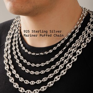 925 Sterling Silver Mariner Puffed Chain Necklace Women, Anchor Hollow Charm Choker Long Thick Chain Men, Birthday Gift Jewelry Her Him Wife