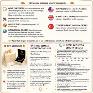 May include: An informational graphic detailing jewelry shop policies, including preparation and shipping times, gift packaging options, product material specifications for a 925 sterling silver chain necklace, and a list of available necklace lengths.
