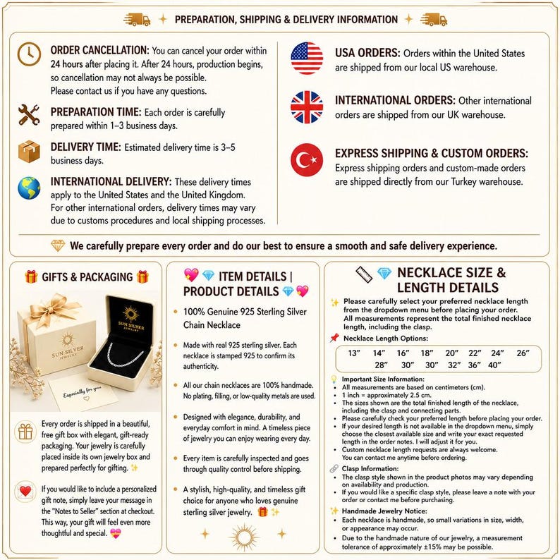 May include: An informational graphic detailing jewelry shop policies, including preparation and shipping times, gift packaging options, product material specifications for a 925 sterling silver chain necklace, and a list of available necklace lengths.