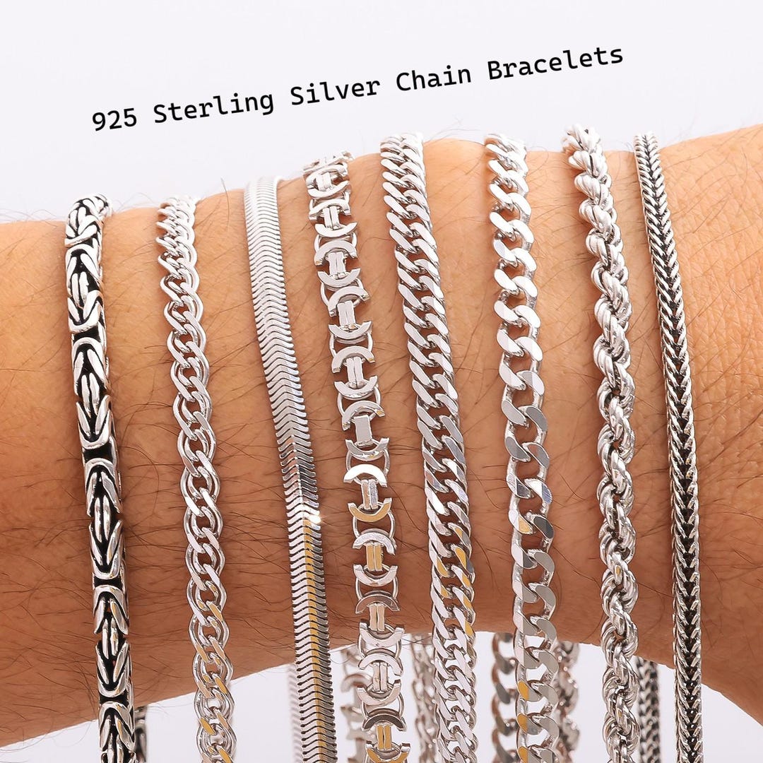 925 Sterling Silver Chain Bracelet Men, Rope, Double Cuban Curb