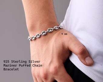 925 Sterling Silver Mariner Puffed Chain Bracelet Women, Anchor Hollow Long Thick Charm Anklet Chain Men, Birthday Gift Jewelry Him Her Wife