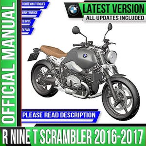 Può includere: Manuale ufficiale per la moto R Nine T Scrambler 2016-2017. L'immagine mostra una moto grigia con sella marrone. Il manuale include informazioni su coppie di serraggio, manutenzione, assistenza e riparazione. Il testo "Latest Version, All Updates Included" è visibile.