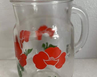 Vintage Anchor Hocking Red Foxy Flowers Ice Lip Pitcher, Mid-Century Style
