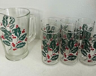 VTG 7 Pcs Caisa Christmas Mid Century MCM Drinking Glasses & Pitcher  6”/8"