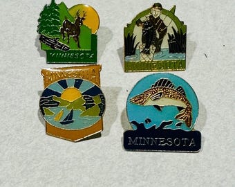 Pines de solapa esmaltados de Minnesota. Estilo vintage (juego de 4 piezas): veleros, pesca y ciervos.