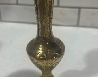 Vintage Ornate Etched Brass 6" Floral Bud Vase