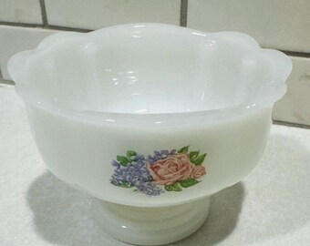 Milk Glass Rose Design Oval Shaped Pedestal Soap Dish or Candy Bowl - VTG Avon