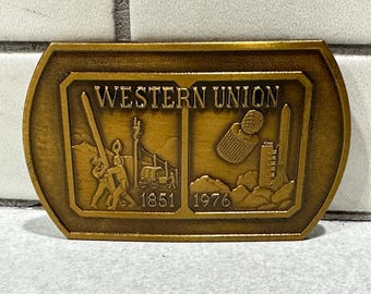 Vintage Western Union Massiv Messing Gürtelschnalle 1851 Bis 1976 3,5 "bis 2,5"