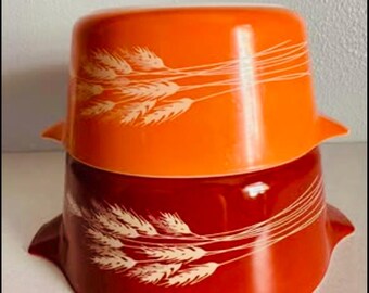 Vintage Pyrex Casserole Bowls, Autumn Harvest Wheat Stalk, 2pc set.