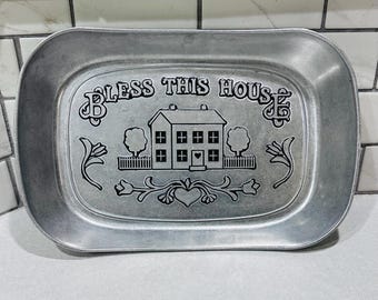 Vtg Bless This House  Bread/Food Tray or Kitchen Decor Wilton Armetale Aluminum