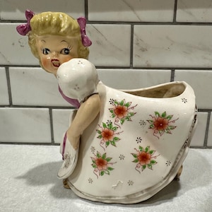 VTG Napco Japan Girl Planter Hat Pink Flowers Scottish Irish Ruby Red Dress-RARE
