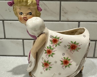 VTG Napco Japan Girl Planter Hat Pink Flowers Scottish Irish Ruby Red Dress-RARE