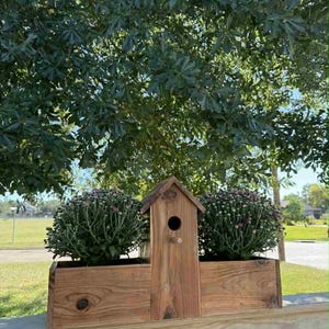 Könnte beinhalten: Ein hölzernes Vogelhaus mit einer Pflanzkiste auf jeder Seite, gefüllt mit grün-violett blühenden Pflanzen. Das Vogelhaus ist zentriert und hat eine kreisförmige Öffnung. Das Holz hat eine natürliche Oberfläche und steht auf einem Holzgeländer.