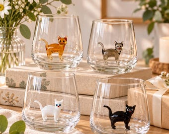 Cat Glass Cup with 3D Figurine, Cute Stemless Drinking Glass, Cat Lover Gift for Women, Birthday Christmas Gift for Cat Mom