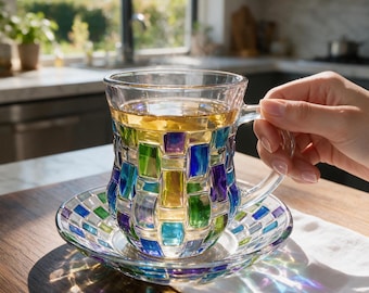 Stained Glass Tea Cup and Saucer, 140ml Glass Coffee Cup, Colorful Espresso Mug, Elegant Gift for Tea Lovers