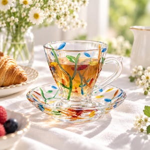 Pode incluir: Uma chávena de chá de vidro transparente com pires a condizer, decorada com um design pintado à mão de folhas e caules coloridos em tons de azul, verde, amarelo e vermelho. A chávena contém chá cor de âmbar e tem uma asa lateral.