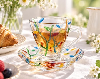 Colorful Glass Tea Cup and Saucer Set, Mosaic Espresso Cup, Floral Coffee Cup, Unique Tea Lover Gift, Birthday Housewarming Gift