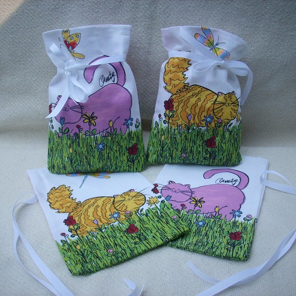 FABRIC GIFT BAGS - Four Reusable Fabric Bags with ties - Fat Cats, Ormsby Designer Fabric, 6" X  9"