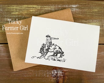 Note Card -- Jimmy Takes A Wild Ride -- Bronco Rodeo Horse 4"x6" Blank Notecards Set of 6 -- Handmade Cards