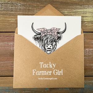 Highland Cow w/Bow Greeting Card Set -- Pack of 6 -- Handmade Card Sets -- 4&quot;x5&quot; Blank Notecards with envelopes, 100% recycled