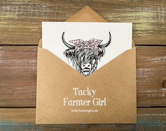 Highland Cow Greeting Card Set – Bow Bandana, Handmade Recycled Notecards