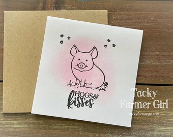 Hogs & Kisses Valentine's Note Card -- Note Cards Set of 6 plus Tags -- Handmade Card - 4"x4" Blank Notecards with Kraft Envelopes