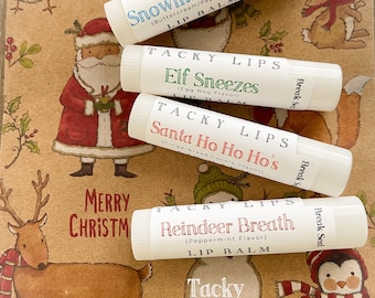 Tacky Lips -- Lip Balm | Christmas 4-Pack | Stocking Stuffer | Gag Gift | Snowman Toots - Santa Ho Ho Ho's - Reindeer Breath - Elf Sneezes