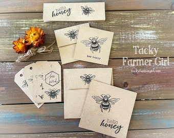 Note Card & Tag Pack -- Hello Honey Bee -- Pack of 13 -- Handmade Cards, Tags, Envelopes!