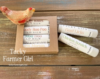 FARM LOVERS -- Tacky Lips -- Lip Balm | Farm Lovers -- Barn Yard Themed Lip Balms | Gift 4-Pack | Gift for Her or Him | Barn Animal Lovers