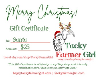 Christmas Gift Certificate -- Digital PDF Download or USPS Mailed Card -- Gift Certificate for Horse Lovers & Barn Lovers