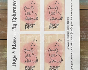 Hogs & Kisses Tags -- Handmade Ephemera Printable Tags - Four (4) -- 2.5"x4" Tags -- Printable