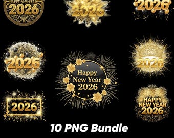 Paquete PNG de Feliz Año Nuevo 2026 | Clipart de Año Nuevo con purpurina dorada | 10 PNG de alta calidad de 300 DPI | Superposición de globos y confeti de fuegos artificiales