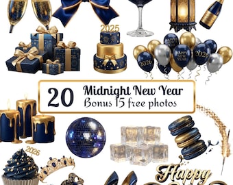 Midnight New Year Clipart Bundle |20 PNG + 15 Bonus Photos |Gold & Navy New Year 2026 Decorations|Champagne, Balloons,Gifts |Digital Downloa