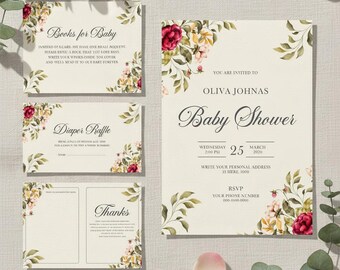 Soft Cream and Green Floral Baby Shower Pack ,– Editable PDF Templates