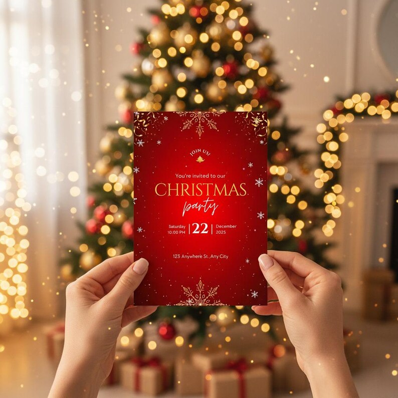 Christmas Party Invitation Card Editable Canva Template Red Holiday