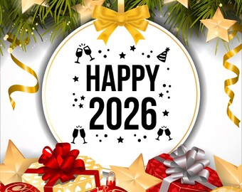 50 High Quality 300 DPI PNGs SVGS | Fireworks Balloons Confetti Overlay Happy New Year 2026 PNG Bundle | Gold Glitter New Year Clipart |