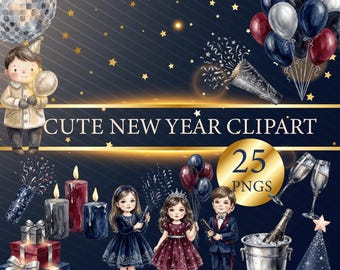 Clipart de Feliz Año Nuevo para niños | Adorable niño y niña con globos | Impresión navideña para guardería | Descarga de arte digital de Año Nuevo