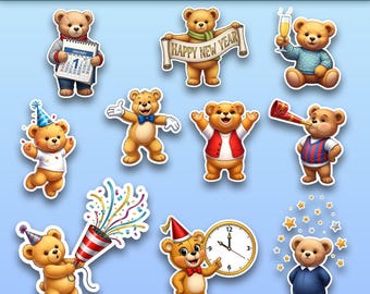 10 New Year 2026 Teddy Bear Stickers | Cute Black and Gold Printable Stickers | Scrapbook & Journal Stickers