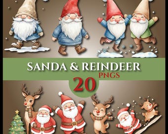 Clipart navideño de Papá Noel y renos: Gráficos festivos (Descarga digital - 20 PNG)