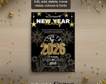 Invitación para fiesta de Año Nuevo 2026 | Plantilla editable de Canva | Invitación de Nochevieja, descarga digital imprimible con fuegos artificiales dorados | Celebración de Nochevieja