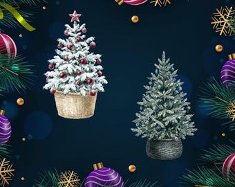 Paquete PNG de árbol de Navidad en cesta | 15 imágenes prediseñadas navideñas | Imágenes PNG de árboles de Navidad festivos | Pegatinas de sublimación, tarjetas y álbumes de recortes | Descarga instantánea