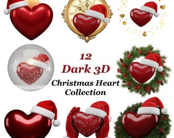 3D Christmas Heart Clipart Bundle | Santa Hat & Wreath Heart PNG | Red Winter Holiday Graphics | Festive Xmas clip art
