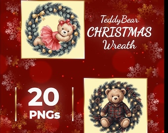 20 ilustraciones digitales de ositos de peluche con corona navideña. Imágenes PNG y JPG de alta calidad. Imágenes prediseñadas. Descarga imprimible. Peluche vintage.