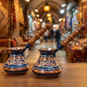 Cafetera turca de cobre hecha a mano / Cezve grabada a mano con mango de madera