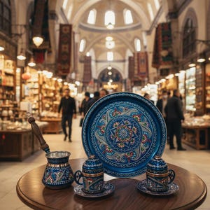 手作り銅製トルココーヒーセット（カップ、コーヒーポット、トレイ付き） - オスマンスタイル Ottoman Blue