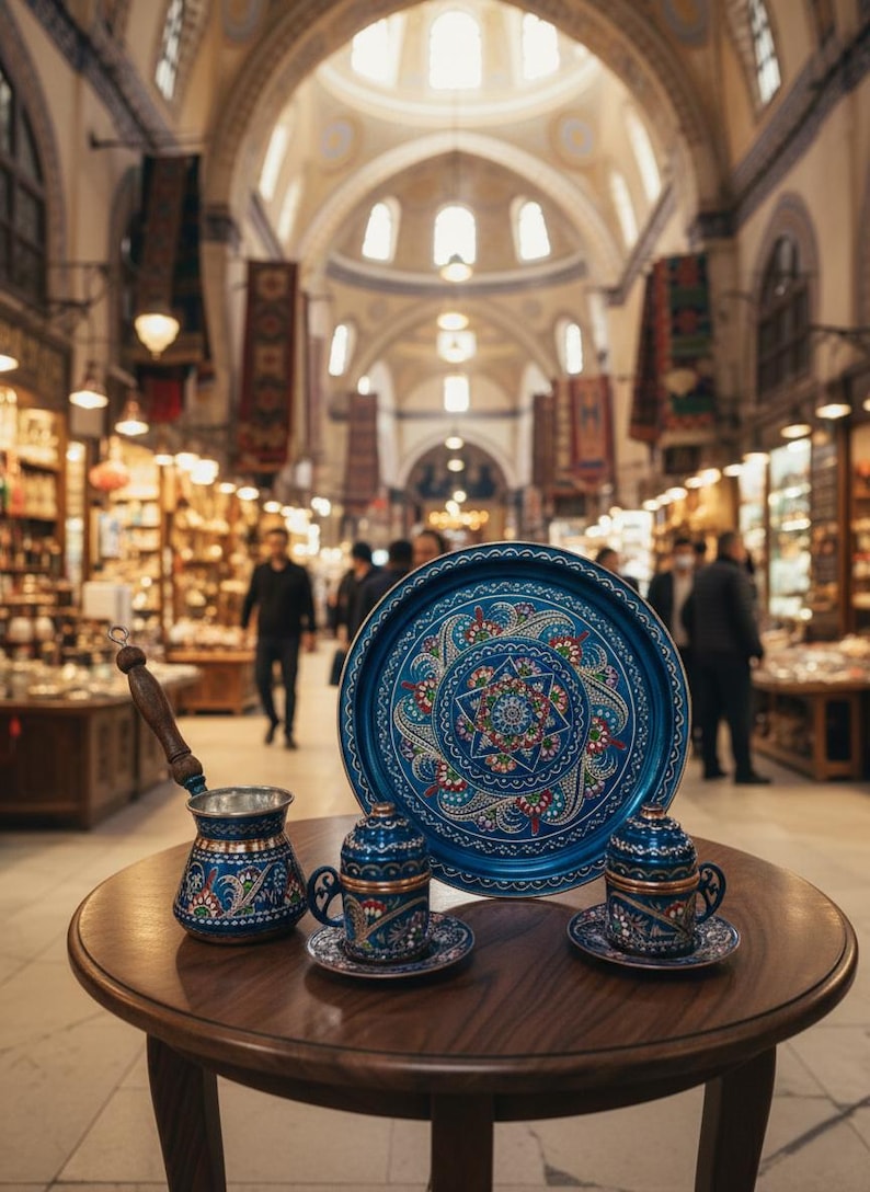 手作り銅製トルココーヒーセット（カップ、コーヒーポット、トレイ付き） - オスマンスタイル Ottoman Blue