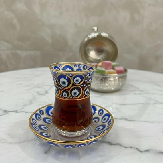 Türkisches Teeglas mit Evil Eye Design Traditionelles osmanisches Geschenk Teetasse & Untertasse Set