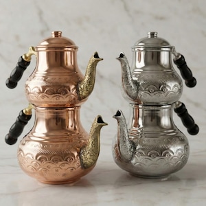 Ensemble de théière double turque en cuivre et argent fait main, cadeau bouilloire à thé artisanal