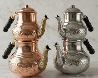 Juego de tetera turca doble de cobre y plata hecha a mano, regalo artesanal.